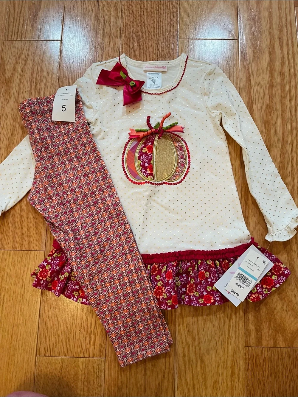 Bonnie Jean Cream & Red Pumpkin Appliqué Tunic Set